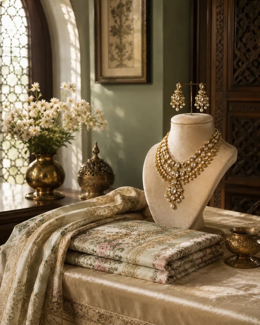Al Shanaz — curated unstitched lawn and pearl jewelry in a Lahore boutique setting